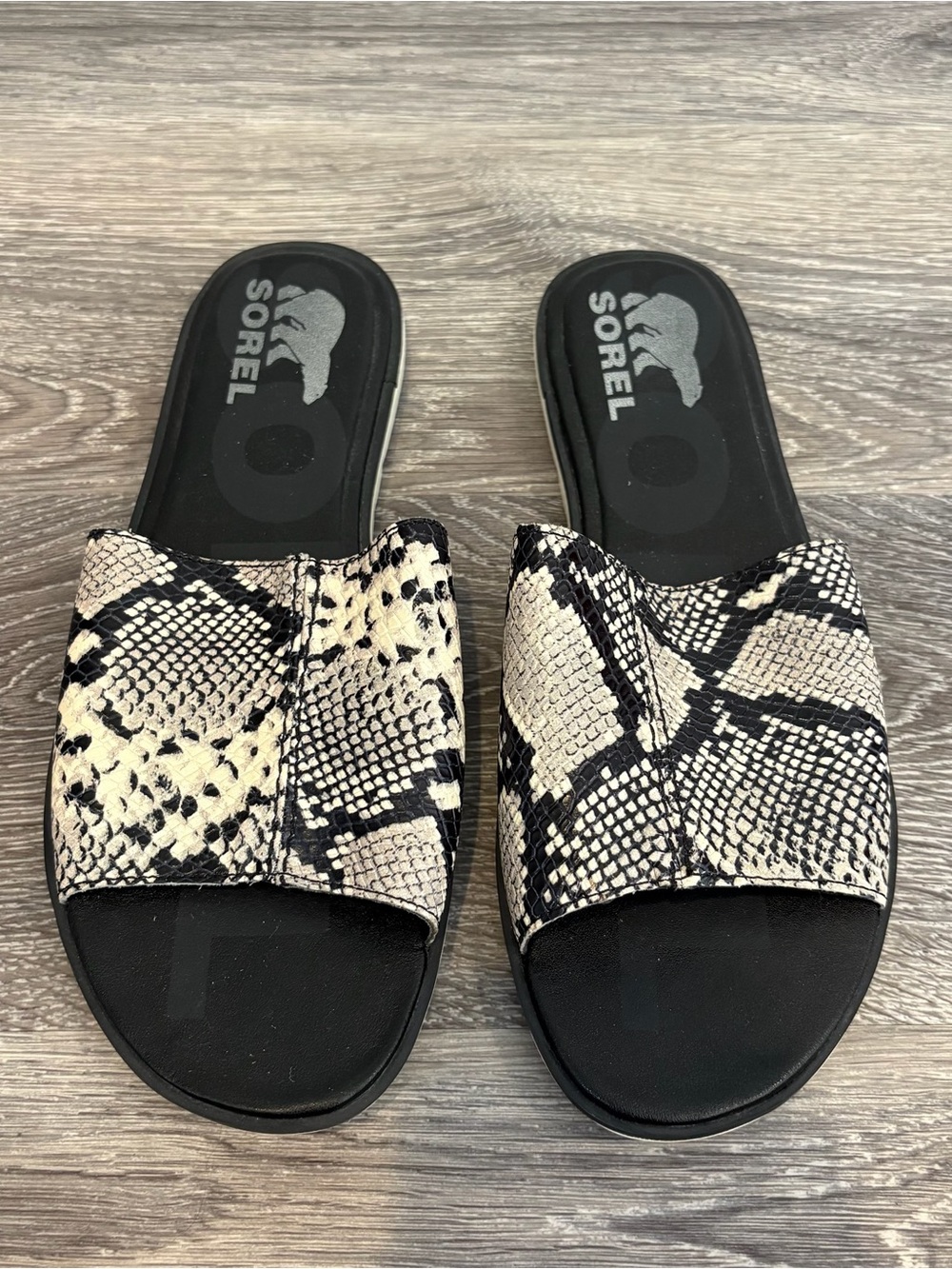 Sorel Women's Black & Cream Snake-Print Slide Sandals Size 8